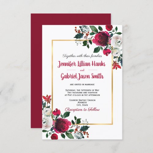Burgundy watercolor rose floral gold frame wedding invitation