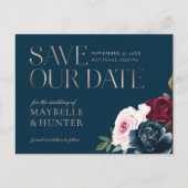Burgundy Watercolor Rose Gold Save Our Date Navy Announcement Postcard (Front)