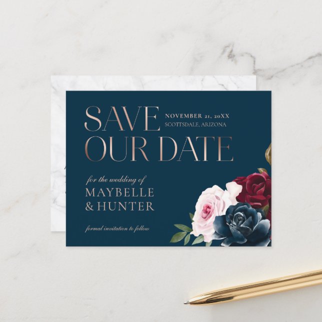Burgundy Watercolor Rose Gold Save Our Date Navy Announcement Postcard (Front/Back In Situ)
