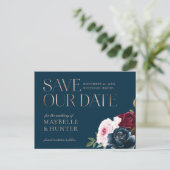 Burgundy Watercolor Rose Gold Save Our Date Navy Announcement Postcard (Standing Front)