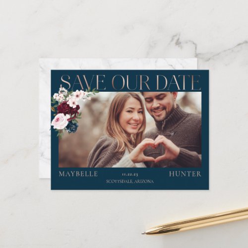 Burgundy Watercolor Rose Gold Save Our Date Photo Announcement Postcard