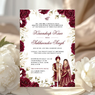 Burgundy Watercolor Roses Floral Sikh Wedding Invitation