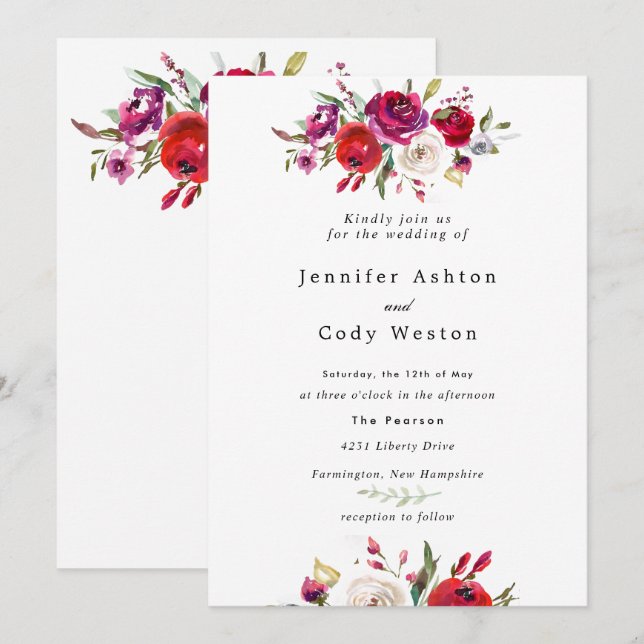 Burgundy Watercolor Roses Wedding Invitation (Front/Back)