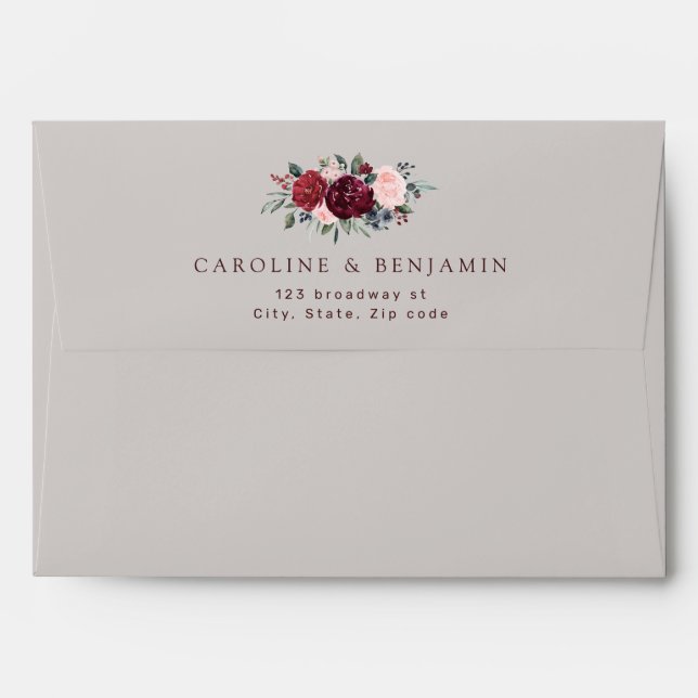 Burgundy watercolor rustic boho floral wedding envelope (Back (Top Flap))