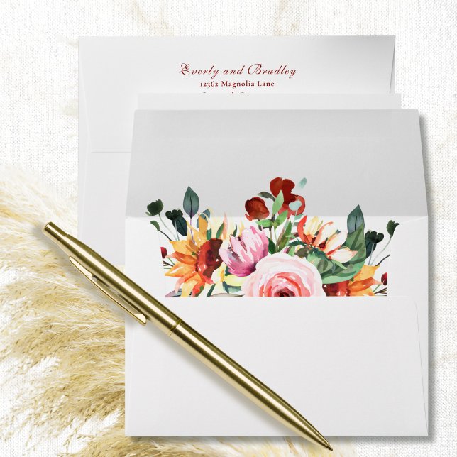 Burgundy Watercolor Sunflower Floral Address Envelope (Creator Uploaded)