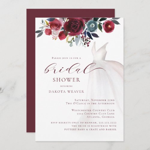 Burgundy Watercolor Wedding Dress Bridal Shower  Invitation