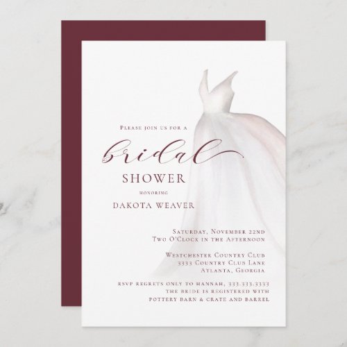 Burgundy Watercolor Wedding Dress Bridal Shower Invitation