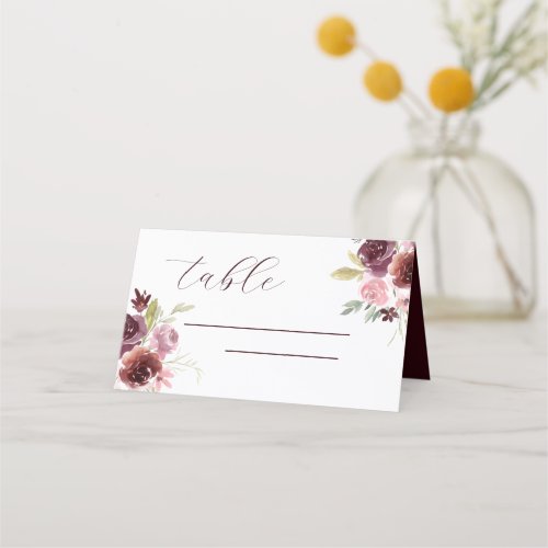 Burgundy Watercolor Wedding Floral Place Card