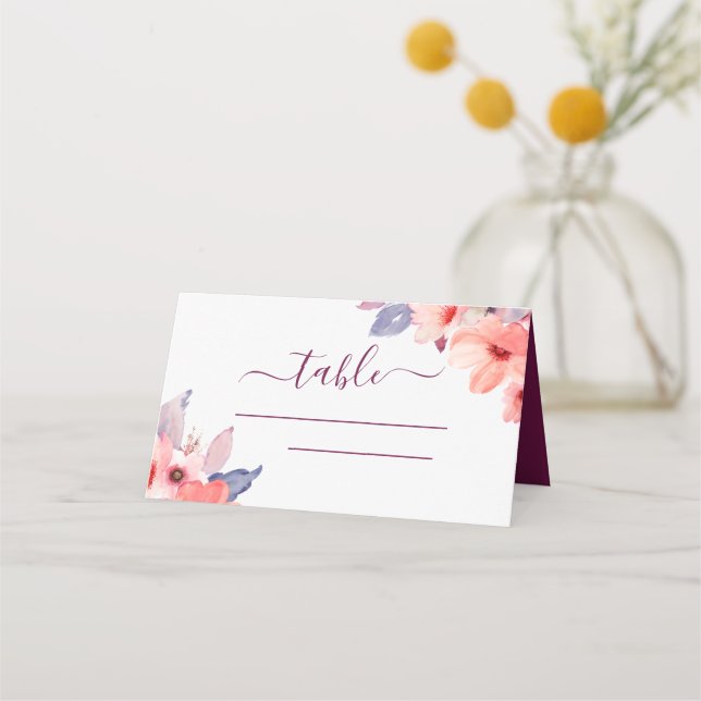 Burgundy Watercolor Wedding Floral Place Card (Front)
