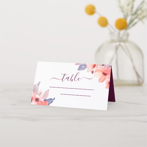 Burgundy Watercolor Wedding Floral Place Card