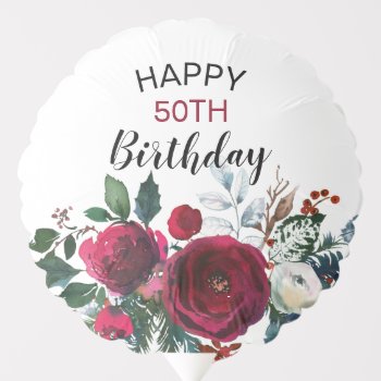 Burgundy Watercolor Winter Flowers Birthday Balloon by SpecialOccasionCards at Zazzle