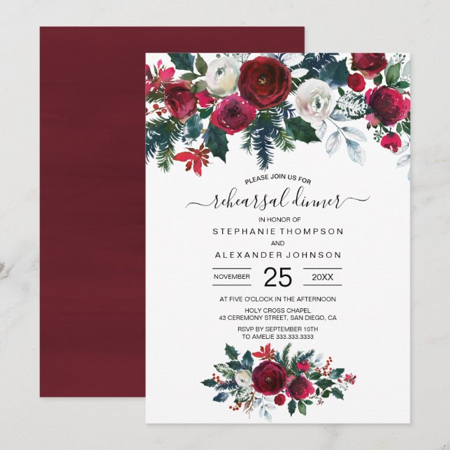 Burgundy Watercolor Winter Flowers Wedding Invitation (Front/Back)