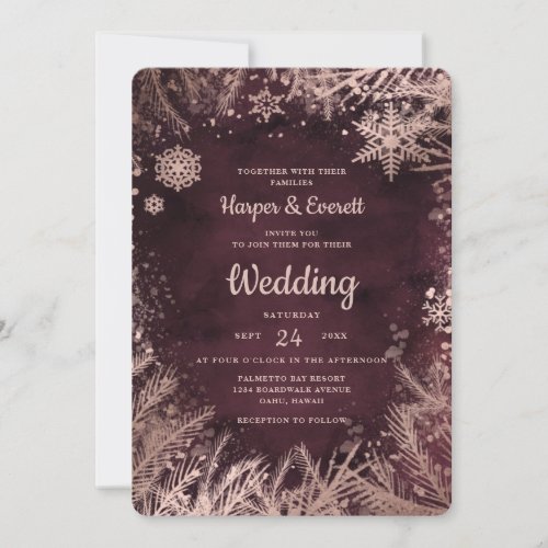 Burgundy Watercolor with Rose Gold Winter Wedding Invitation
