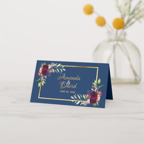 Burgundy watercolored florals boho blue wedding place card
