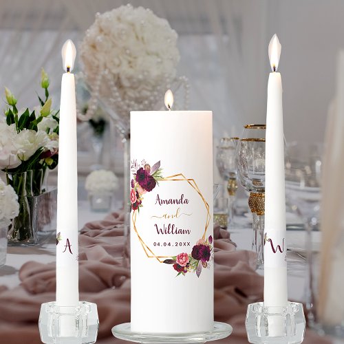 Burgundy watercolored florals geometric wedding unity candle set