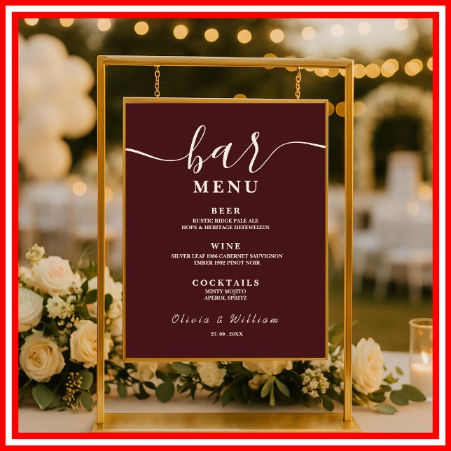 Burgundy Wedding Bar Menu  Poster (Creator Uploaded)