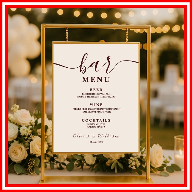 Burgundy Wedding Bar Menu  Poster (Creator Uploaded)