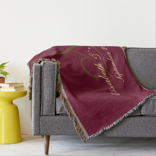 Burgundy Wedding Bride Groom Name Date Monogram Throw Blanket