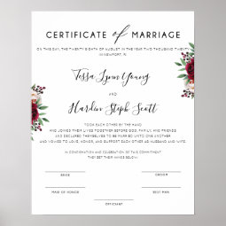 Burgundy Wedding Certificate Of Marriage Poster | Zazzle