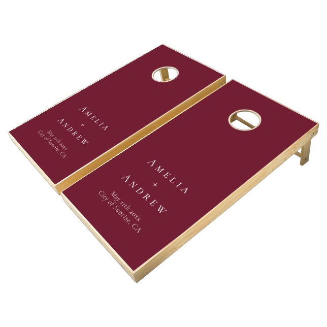 Burgundy Wedding Cornhole Set Minimalistic (Angled)