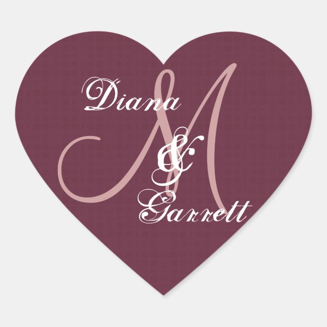 Burgundy Wedding Damask Monogram Any Initial V16 Heart Sticker (Front)