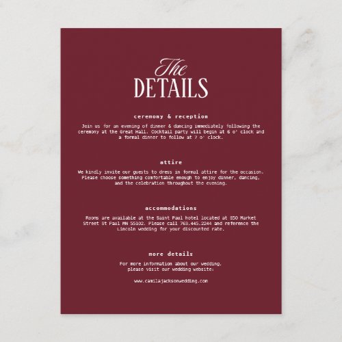 Burgundy Wedding Details  Enclosure Card