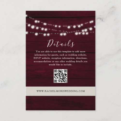 Burgundy Wedding Details QR Code Website  Enclosure Card