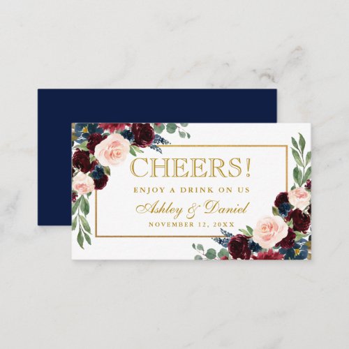 Burgundy Wedding Drink Ticket Card Blue Gold