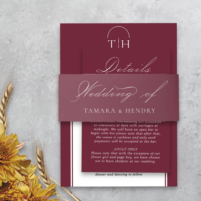 Burgundy Wedding Elegant Calligraphy Invitation Belly Band (Elegant burgundy wedding invitation belly bands from my Wedding Colors collection)