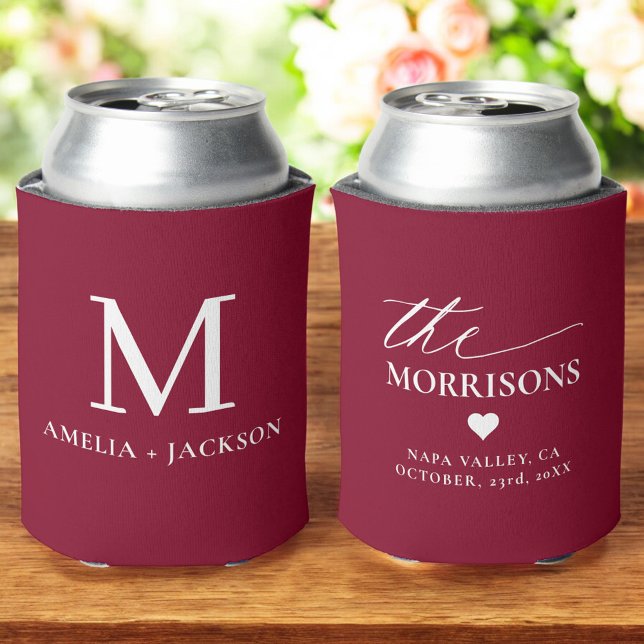 Burgundy Wedding Favor Monogram Name Heart Can Cooler (Creator Uploaded)