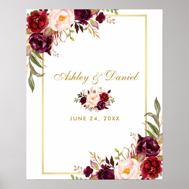 Burgundy Wedding Guest Book Alternative Poster (Front)