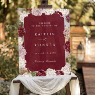 Burgundy Wedding Hydrangea Elegant Welcome Acrylic Sign