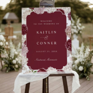 Burgundy Wedding Hydrangea Elegant Welcome Sign