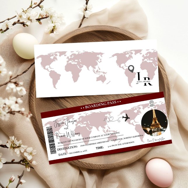 Burgundy Wedding invitation Boarding pass ticket (Creator Uploaded)