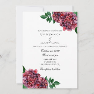 Burgundy wedding invitation floral. Dahlias invite