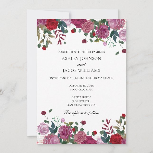 Burgundy wedding invitation. Purple and red flower Invitation (Front)