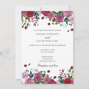 Burgundy wedding invitation. Purple and red flower Invitation
