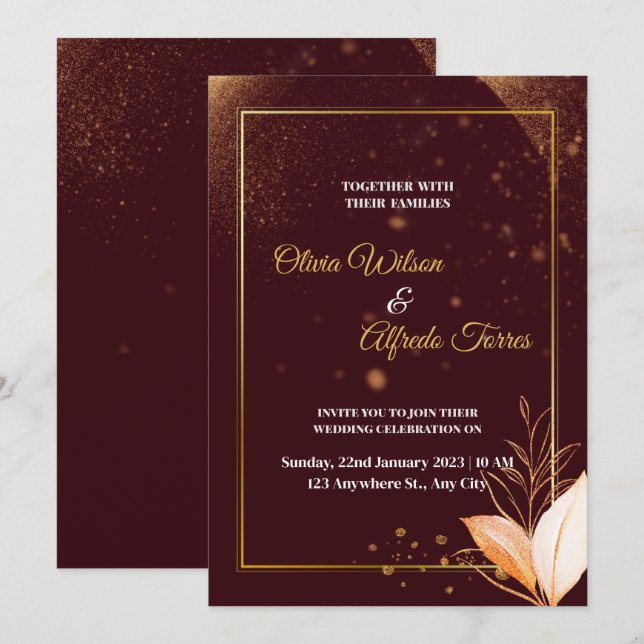 Burgundy wedding invitation with gold colors (Front/Back)