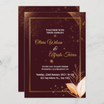 Burgundy wedding invitation with gold colors