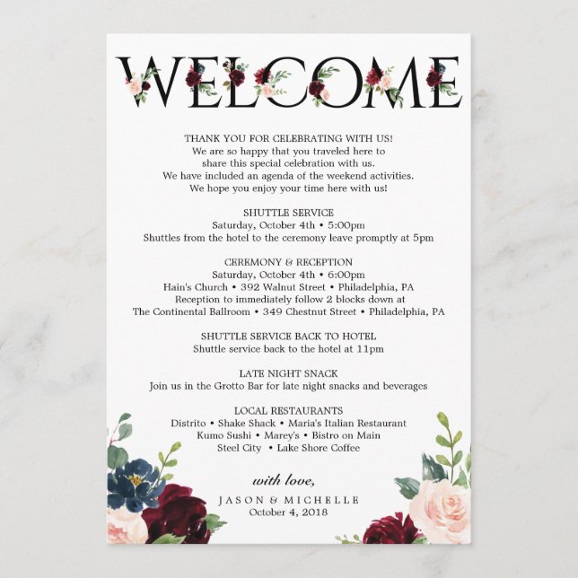 Burgundy Wedding Itinerary - Bachelorette Welcome Program (Front)