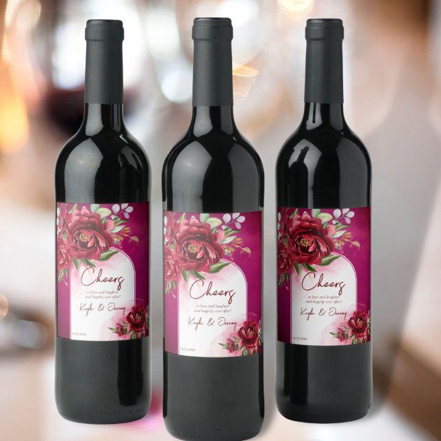 Burgundy wedding maroon flowers modern arch  wine label (Creator Uploaded)