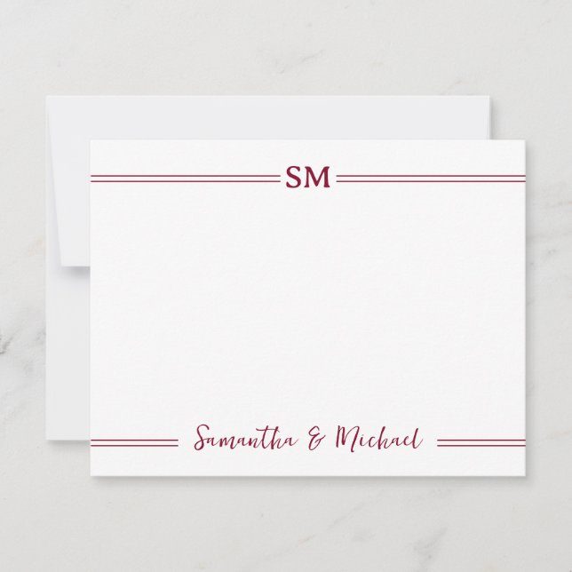Burgundy Wedding Monogram Initials Couple Name  Note Card (Front)