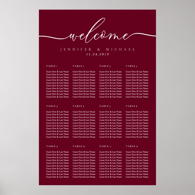 Burgundy Wedding Party Celebration Seat Welcome Poster