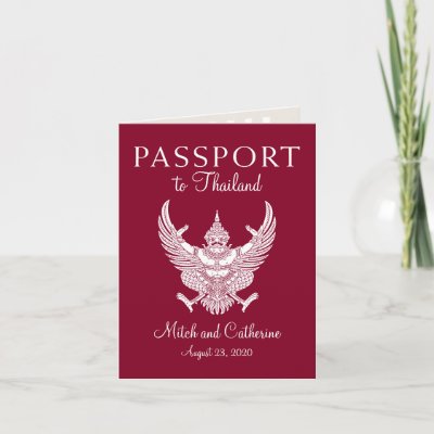 Burgundy Wedding Passport Invitation to Thailand