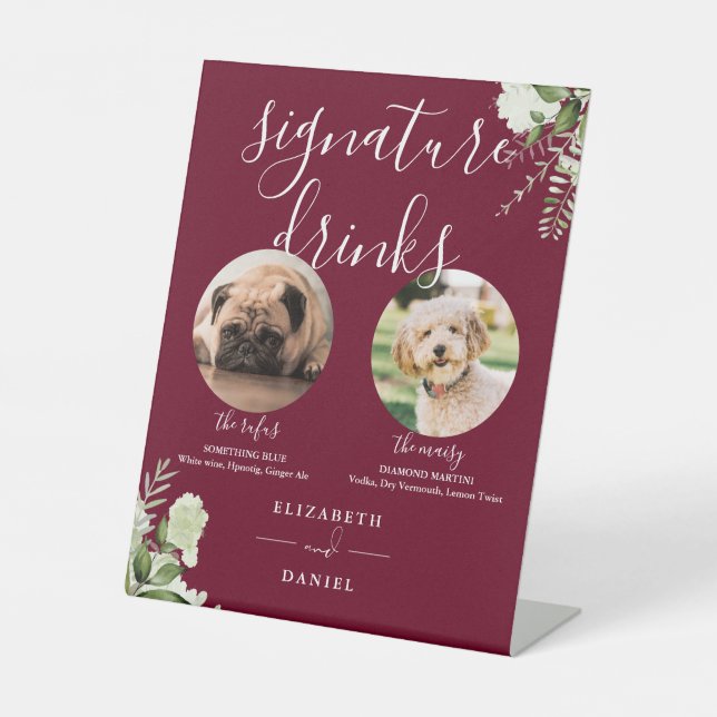 Burgundy Wedding Pet Dog Signature Drinks Pedestal Sign (Front)