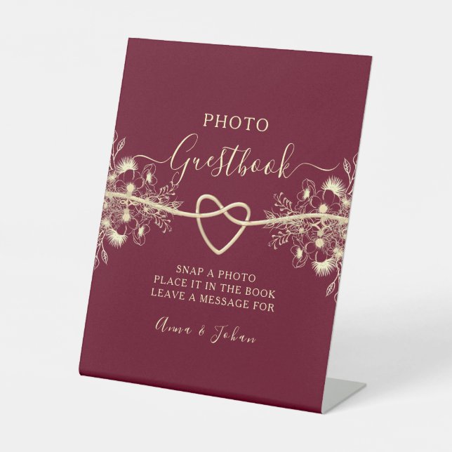 Burgundy Wedding Photo Guestbook Pedestal Sign (Front)