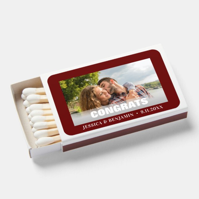 Burgundy Wedding Photo Hitched Custom Matchboxes (Front Open)