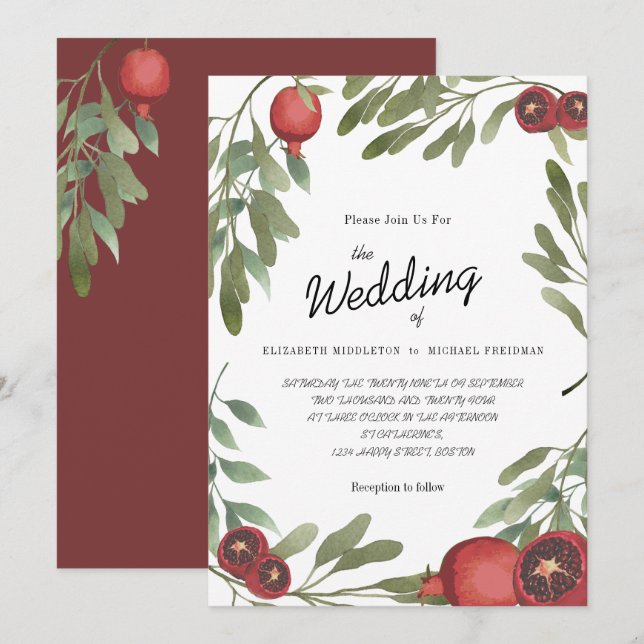 Burgundy Wedding  Pomegranates Botanical Leaves Invitation (Front/Back)