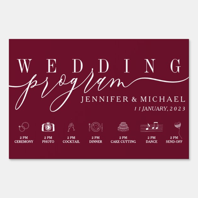 Burgundy Wedding Program Custom Icons Timeline Sign