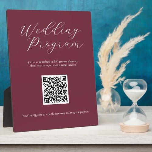 Burgundy Wedding Program Sign with QR Code Plaque